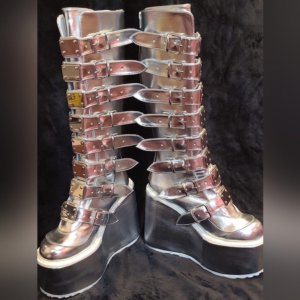 Demonia Silver Knee High Huge Platform Boots Size 10